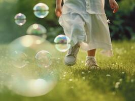 A close - up of big bubbles, blurred background of a child's legs wearing white clothes and running around on the lawn. photo