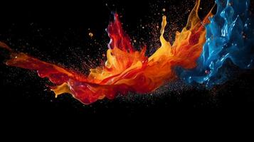Paint drop. Ink water. Cold flame. Burning ice. Red orange blue color gradient glowing glitter fluid splash on dark black abstract art background. photo