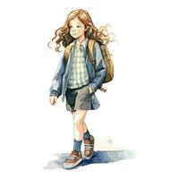 Watercolor Long Hair Girl Student Walking With One Hand In Her Pocket Concept vector