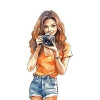 Watercolor Long Hair Girl With Camera Concept vector