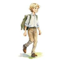 Watercolor Boy Student Cartoon Wear School Uniform Blonde Hair Walking Concept vector