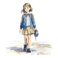 Watercolor Student Girl With Blue Sweater Walking Concept vector