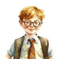 Watercolor Boy With Glasses And Bag Behind Him Waist Up Shot Front View Concept vector