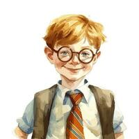 Watercolor Boy With Glasses And Bag Behind Him Waist Up Shot Front View Concept vector