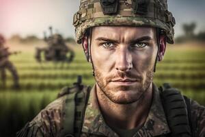 Proud army soldier portrait. Neural network photo