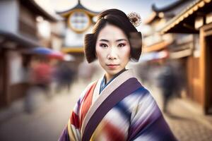 retrato de un japonés mujer en nacional ropa. neural red ai generado foto