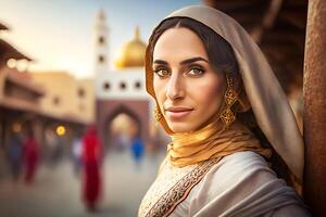 retrato de joven musulmán mujer vistiendo hijab cabeza. neural red ai generado foto