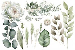Watercolor flowers plants set on white background. Neural network photo
