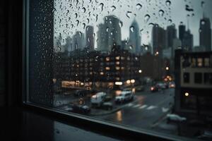 Photography of raindrops on the windows glass in focus with blured city skyline in the background. photo