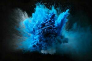 Explosion of blue color paint powder on black background. Neural network generated art photo