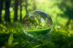 Crystal ball on green grass with reflection of green vegetation inside. Neural network generated art photo