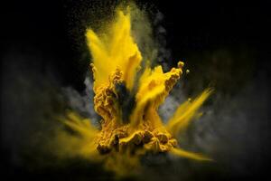 Explosion of yellow color paint powder on black background. Neural network generated art photo