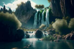 Beautiful landscape with big waterfall in sunny summertime. Neural network generated art photo