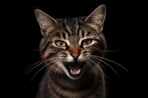 Portrait of a meowing tabby cat. Neural network photo