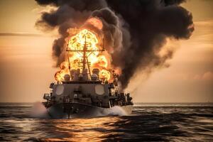 War concept. Night battle scene at sea. warship on fire. Neural network photo