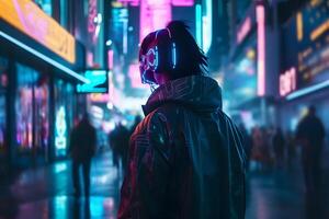 Cyber man in the neon city of the future. Neural network photo