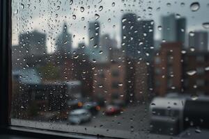 Photography of raindrops on the windows glass in focus with blured city skyline in the background. photo