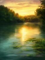 A peaceful lake surrounded by lush greenery and trees, with a realistic yet slightly artistic style. photo