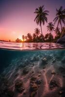 fotografía de hermosa atractivo playa escena con rosado puesta de sol cielo. ai generativo foto