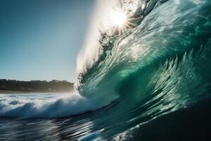 Tropical blue surfing wave. Sunshine in the wave barrel. No people. Beautiful deep blue tube wave in the Ocean. AI Generative photo