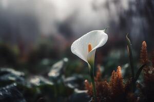 Calla lily flowers in botanical garden. Neural network photo