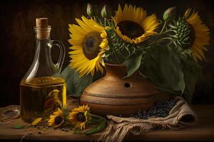 Rural still life sunflower oil in bottle with flowers of sunflower Helianthus annuus in dark light. Neural network photo