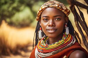 retrato de un hermosa africano mujer en étnico estilo. neural red ai generado foto