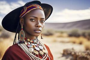 retrato de un hermosa africano mujer en étnico estilo. neural red ai generado foto