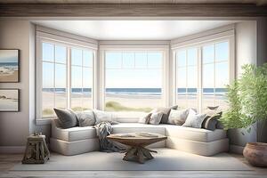 Beach living on Sea view interior with big windows. Neural network photo