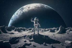 valiente astronauta a el paseo espacial en el Luna. neural red ai generado foto