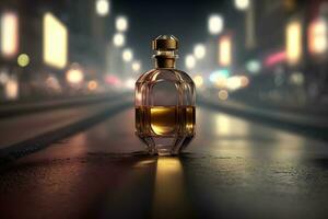 Perfume bottle against the backdrop of night city lights. Neural network generated art photo