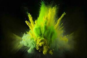 Explosion of green and yellow color paint powder on black background. Neural network generated art photo