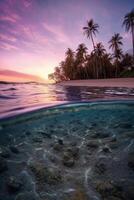 fotografía de hermosa atractivo playa escena con púrpura puesta de sol cielo. ai generativo foto