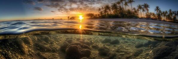 Photograph of beautiful inviting beach scene with sunset sky. photo