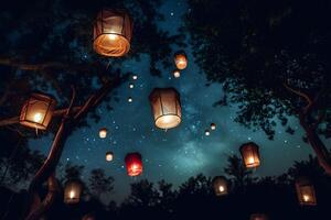 A large group of chinese flying lanterns. Neural network photo