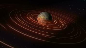 abstrakt Gelb braun Raum Planet mit ein runden Asteroid Gürtel Ring futuristisch Hi-Tech auf das Hintergrund von Sterne im öffnen Raum video