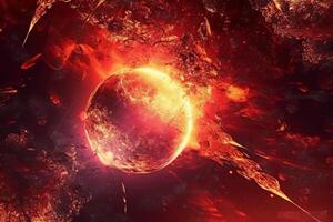 Abstract fancy red orange fire, sun light planet surface, grunge texture, fantasy galaxy background. photo