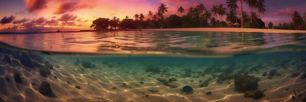 Photograph of beautiful inviting beach scene with purple sunset sky. photo