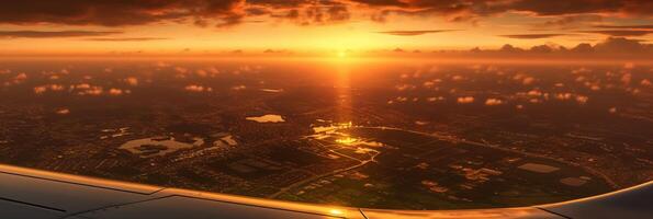 The view from the plane window to the sunset. Aerial view. photo