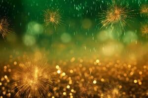 Gold and green Fireworks and bokeh in New Year eve and copy space. Abstract background holiday. photo