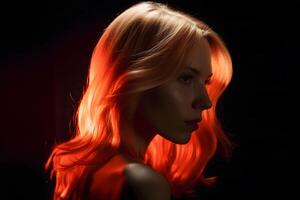 Portrait of a blonde girl on a dark background. Neural network photo