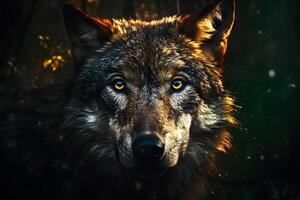 Grey Wolf Portrait captive animal. Neural network photo