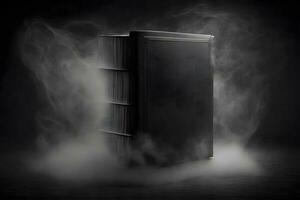 Hardcover vertical black mockup book standing on the black background with smoke. Neural network generated art photo
