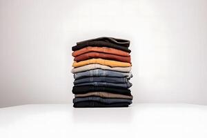 Jeans trousers stack on white background. Neural network photo