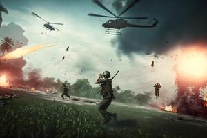 Vietnam war with helicopters and explosions. Neural network photo