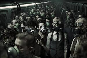 Crowd of people in uniform and gas mask. Concept of radiation and virus, environmental pollution. Neural network photo