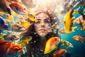 Mermaid girl swims underwater among the fish. Neural network photo