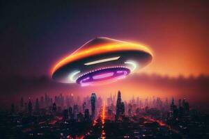 UFO object with glowing lights flying to city center on a rainy day. Neural network generated art photo