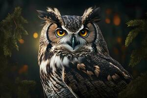 European eagle owl perched on a post and staring forward against a dark background the eyes are penetrating the viewer. Neural network generated art photo