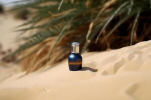 A bottle of perfume on the seashore is enveloped in a wave. Yellow sand on the beach, marine cosmetics and fragrance. Neural network photo